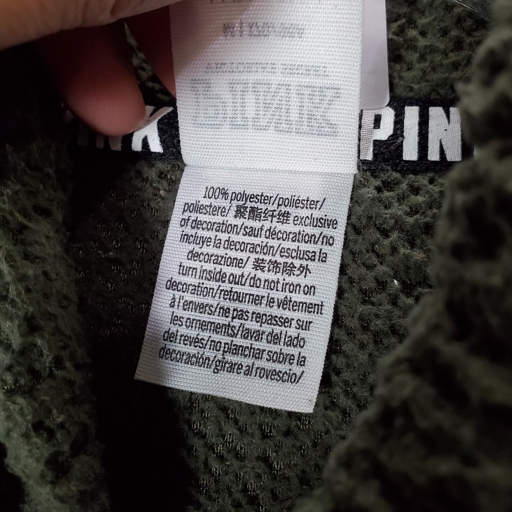 Pink Victorias Secret Men Sweatshirt Medium Olive Sherpa Hoodie 1/4 Zip Logo - Picture 7 of 9